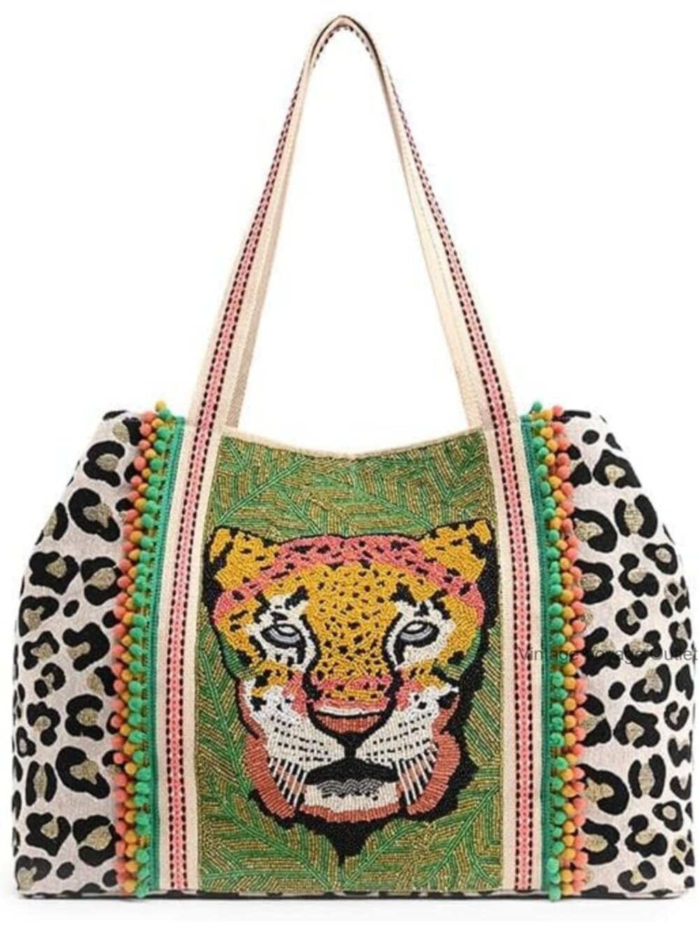 Hand-Beaded Leopard Print Cotton Tote Bag Large Shoulder Handbag